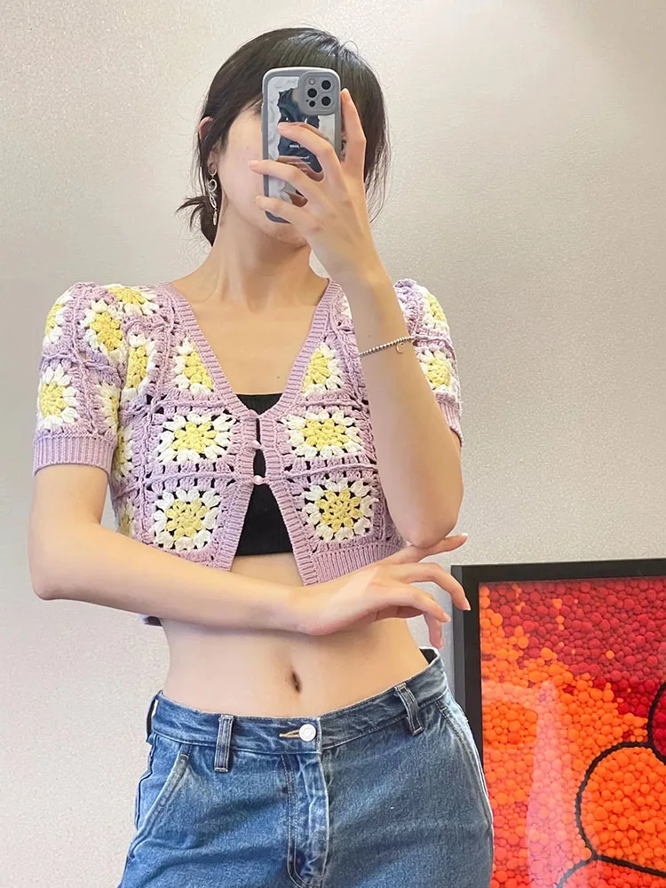 

XIKOM Knitted Cardigan Cropped Crochet Top Sweaters For Women Fashion Button-Down Cardigan Hollow Out Flowers