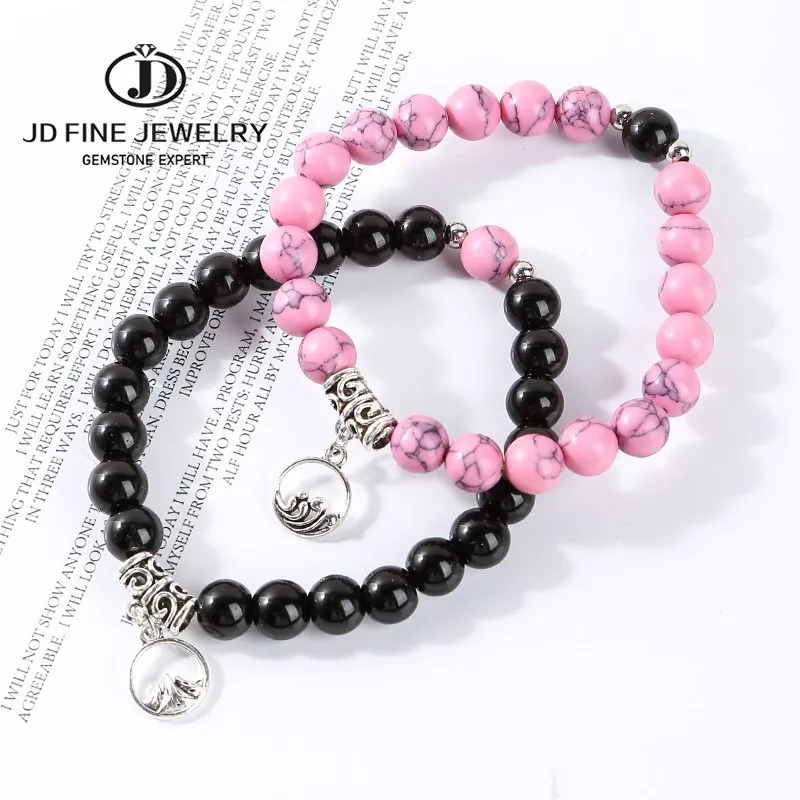 

JD 2Pcs/Set Pink Turquoises Vows Of Eternal Couple Bracelets Men Women Fashion Mountain Sea Charms Bangles Lovers Jewelry Gifts