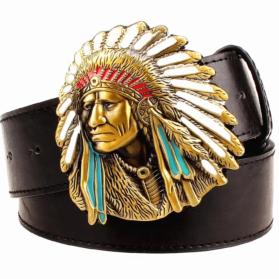 

Fashion Men Belt Indian Head Buckle West Cowboy Belt For Men Punk Rock Belts Indian Chief Head Men's Leather Belt Hip Hop Girdle
