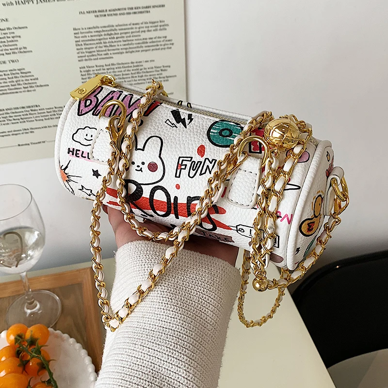 

Graffiti Cylinder Bag for Women 2022 Summer New Chain Hand Holding Pillow Bag High-Grade Messenger Bag