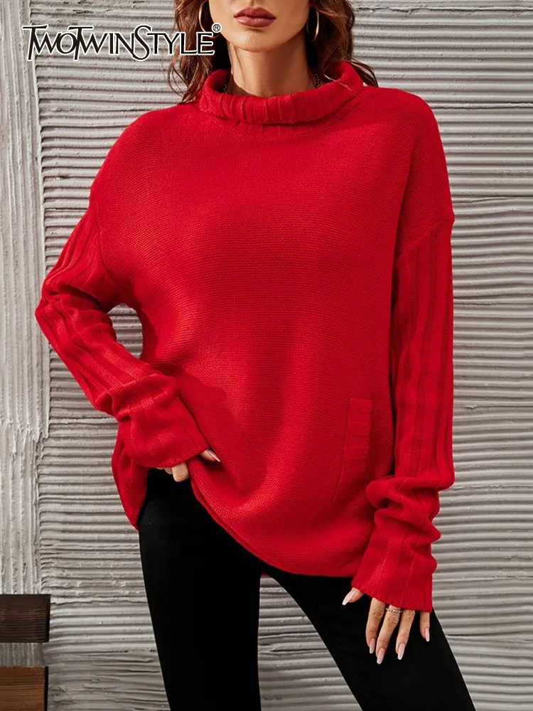 

TWOTWINSTYLE Autumn Solid Loose Knitting Pullover Sweaters For Women Mock Neck Long Sleeve Minimalist Sweater Female Fashion