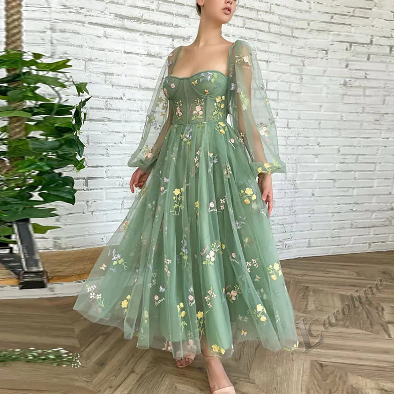 

Caroline Green Sweetheart Evening Dress Tulle Long Sleeves Backless A-line Tea-Length Vestidos Prom Gowns Party Custom Made