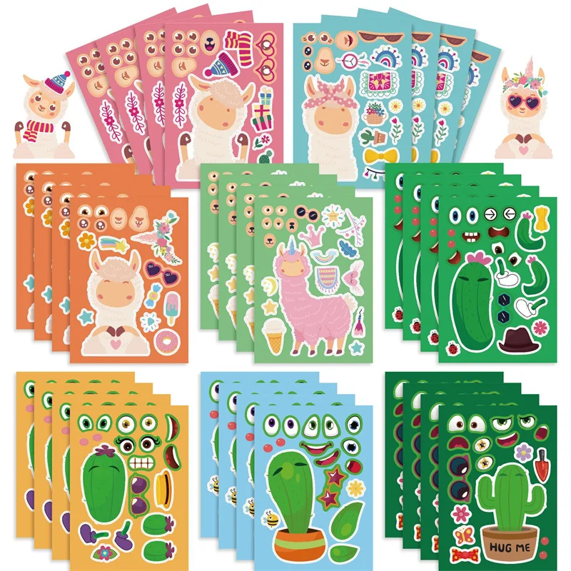

6-24sheets Kawaii Alpaca Cactus Kids Stickers Classic DIY Make a Face Puzzle Jigsaw Sticker Children Party Favor Games Toys Gift