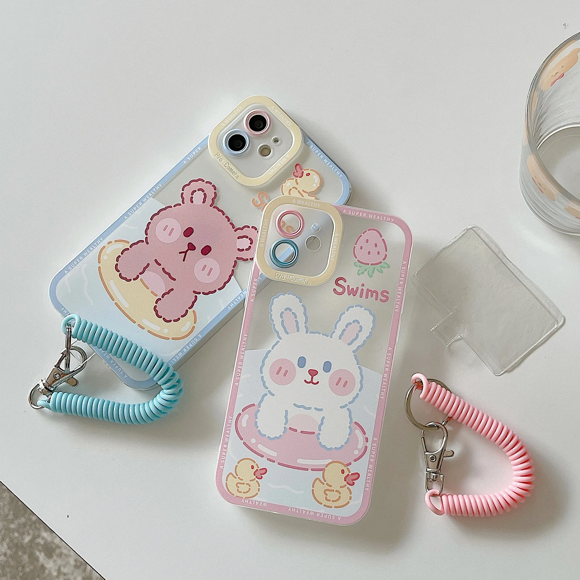 

Cute Bear Rabbits Transparent Soft Phone Case For iphone 12 14 7 8 Plus X XR XS 11 Pro Max 13 MiNi 13 Pro SE 3 With Keychain
