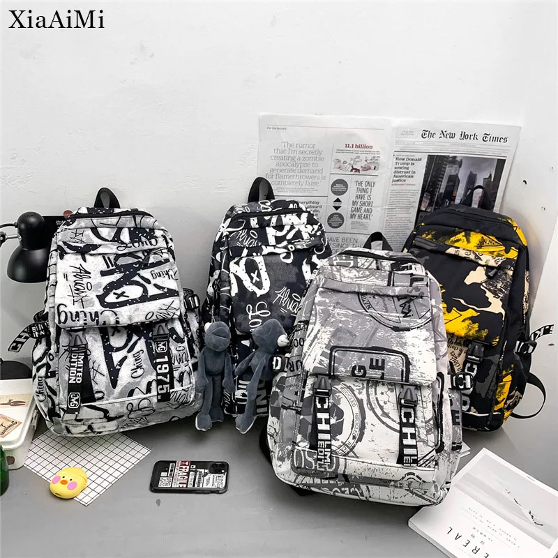 

Fashion Men'S Trendy Graffiti Backpack Student Large-Capacity Waterproof Travel Backpack Boys And Girls Nylon School Bags