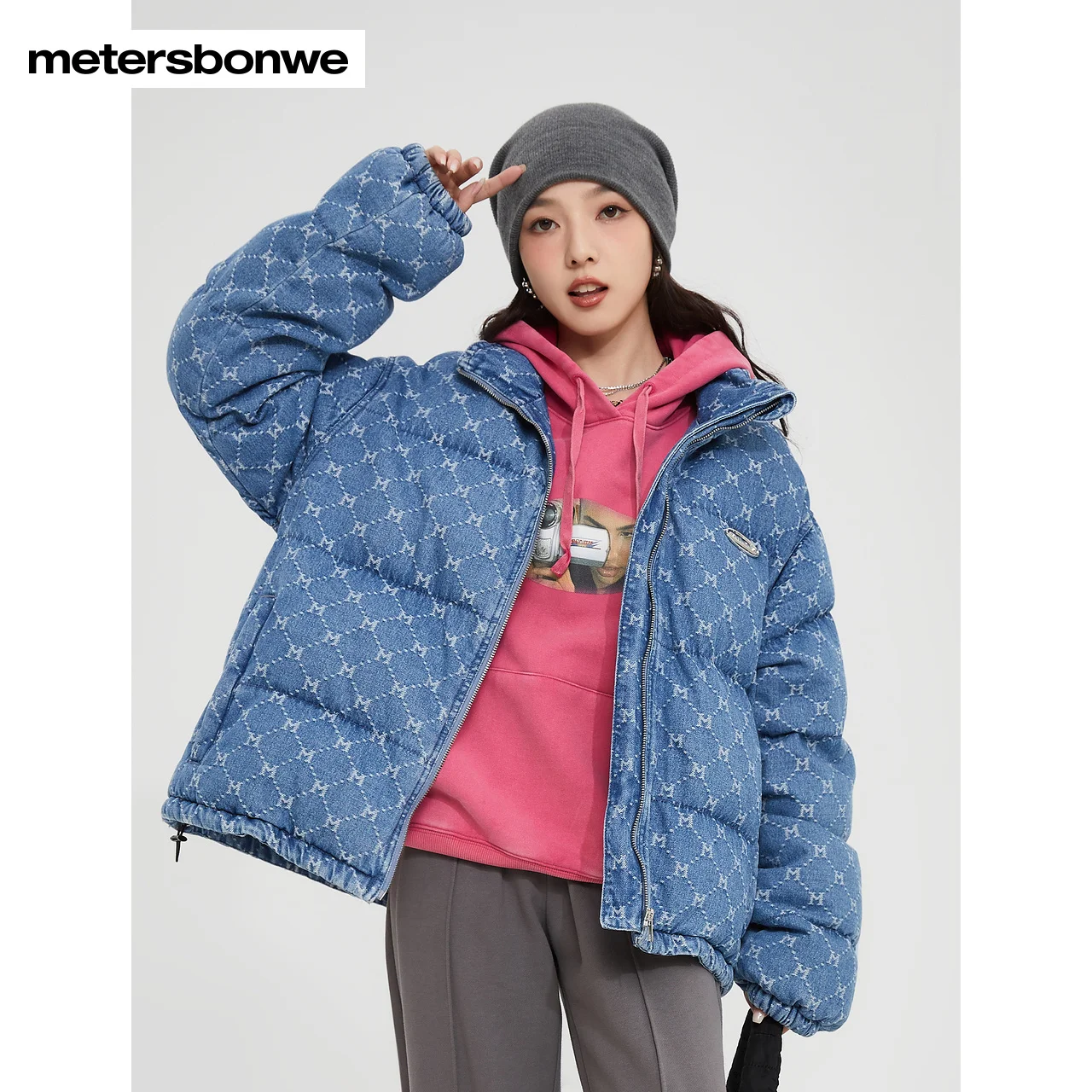 Metersbonwe Women Warm Jacquard Stand Collar Denim Jacket  Winter Fashion Thick Cotton-Padded Jacke Warm Loose Cotton Clothes
