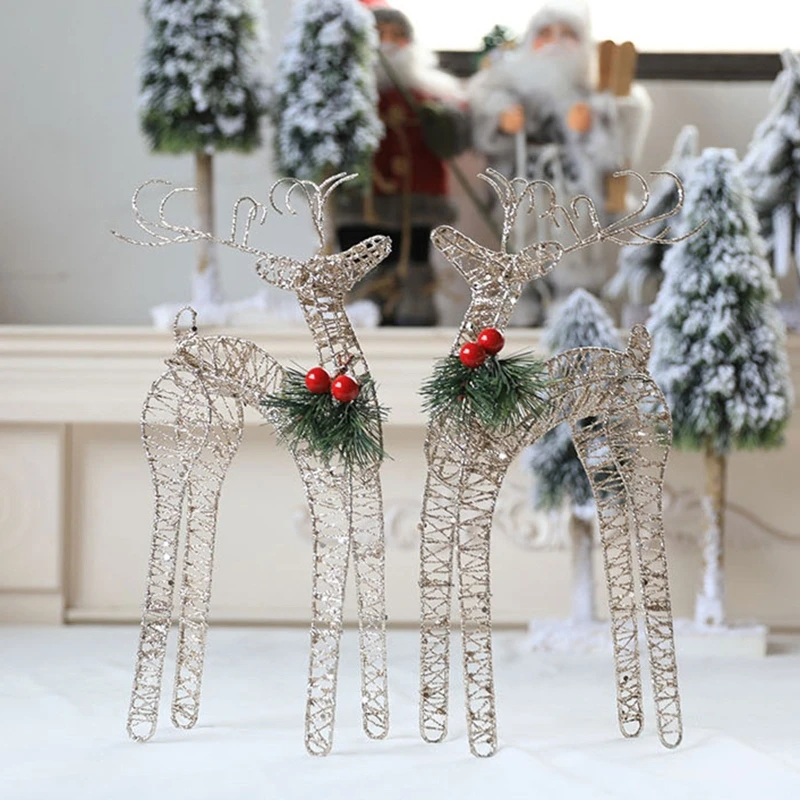 

Christmas Wrought Iron Elk Ornament 1 Pair Red Berry Pine Needles Glitter Sequins for Home Bedroom Living Room Decor