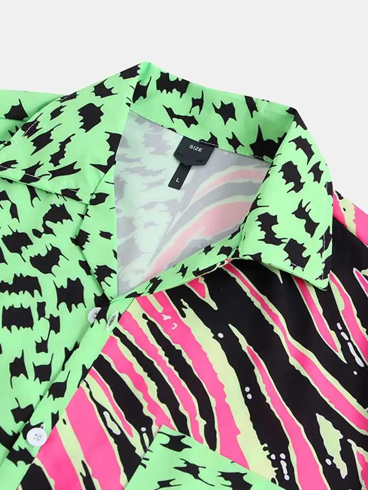 CharmkpR Fahsion Hot Sale Men's Tops Leopard Printing Zebra Stripe Blouse Casual Streetwear Patchwork Short Sleeve Shirts M-2XL