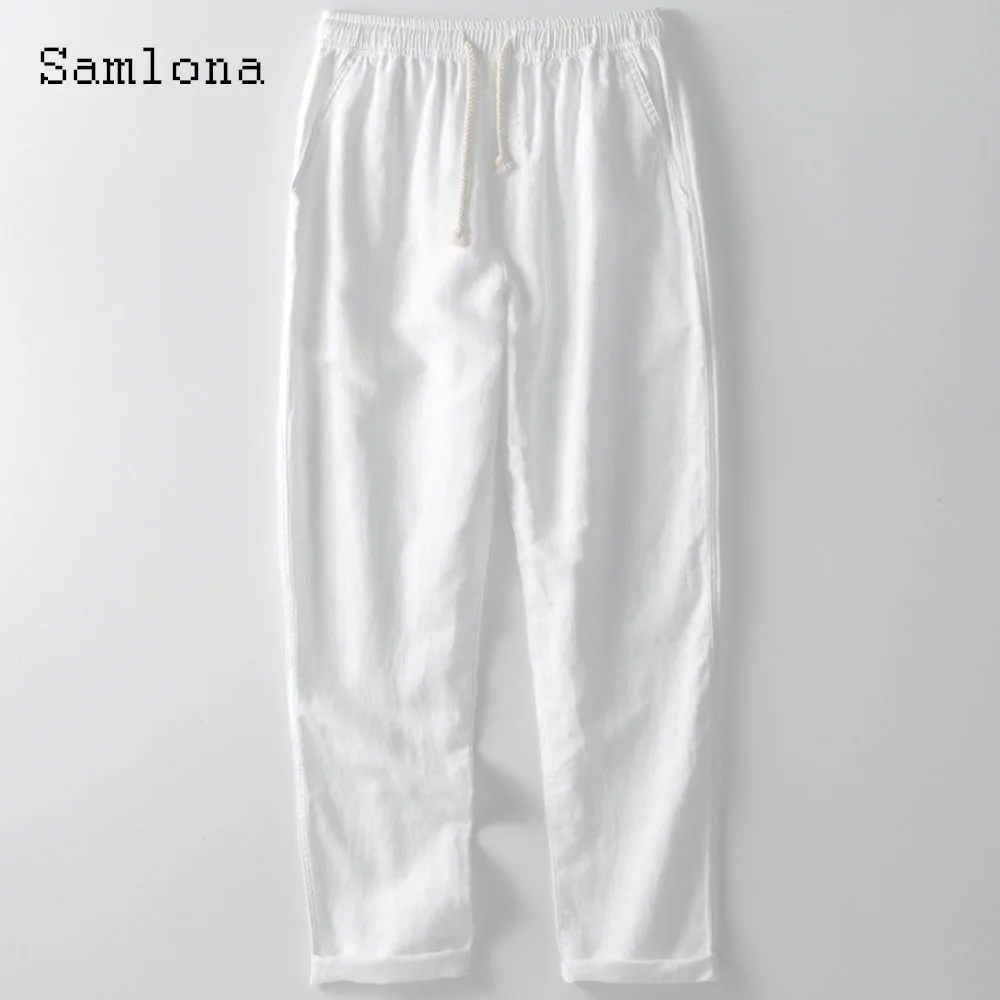 Брюки мужские льняные однотонные с поясом на резинке и карманами