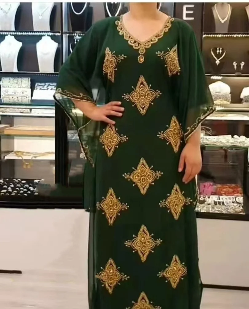 

Лето 2022, элегантное Африканское женское платье с коротким рукавом и V-образным вырезом, однотонное длинное платье с блестками, африканская о...