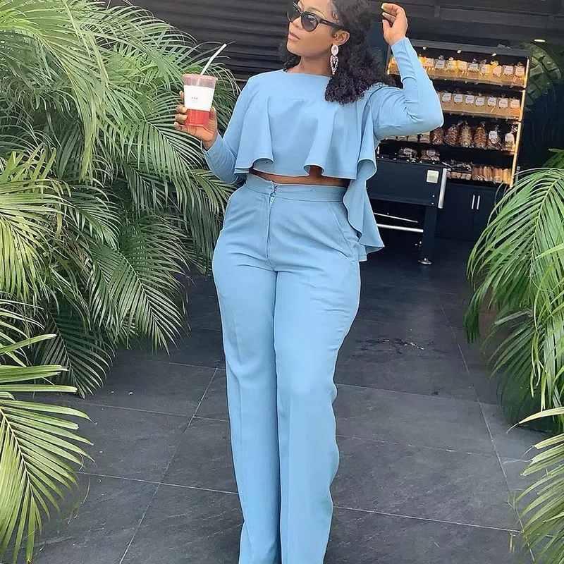 

Two-piece overalls elegant ladies ruffled cropped top and wide-leg pants with solid color suit sexy autumn club suit