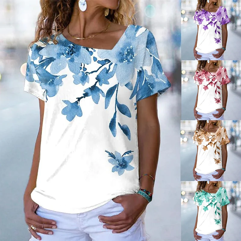 

Women's Floral Leaf Print Short Sleeve Top V-Neck Basic Top Floral Themed Painting T Shirt Green Blue Purple/3D Printing