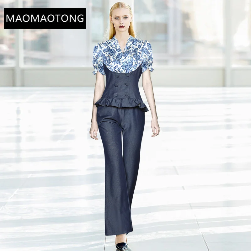 

Fashion Designer Summer OL Suit Women Blue White Floral Print V-neckTop and Flare Pants Denim Office 2 Pieces Set