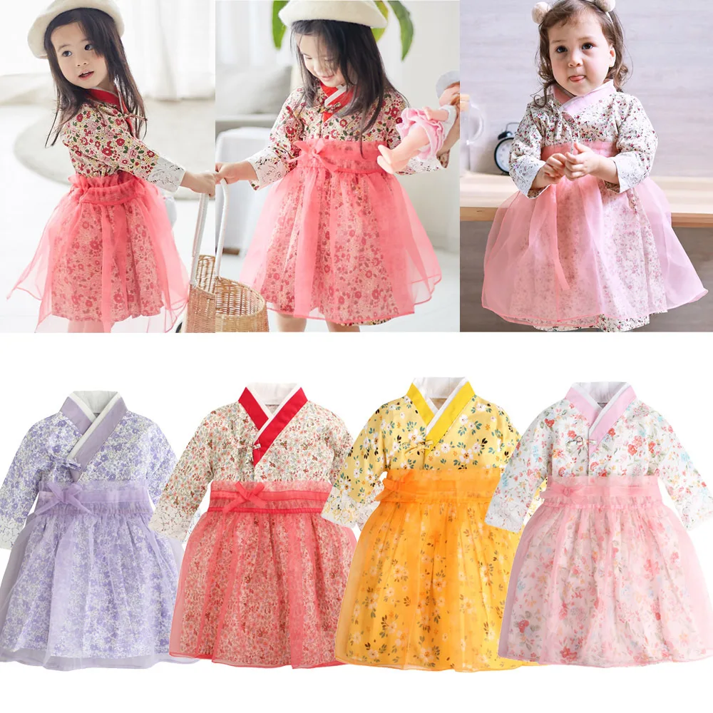 

22 Summer Baby Girl Dress Korean Traditional Clothing Kids Hanbok Long Sleeve 95% Cotton Bow Mesh Floral Long Clothes Cute13-24M