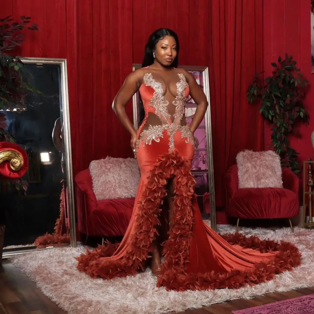 

Burgundy African American Prom Dresses Mermaid Sheer Velvet Feather Black Girls Nigeria Robe De Soiree Evening Dresses Gown