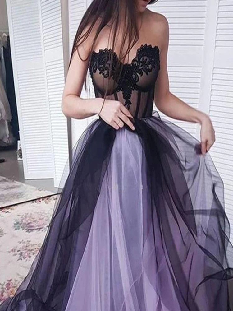 

Gothic A-line Prom Dress Sweetheaet Sleeveless Black Purple Prom Gown Tulle Appliques Party Dress Vestido de noche