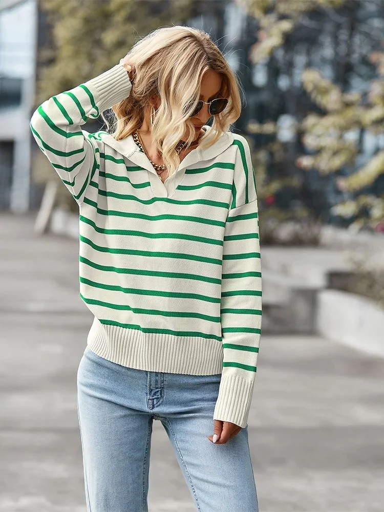 

Ladies Fashion Autumn Winter Striped Knitted Loose Sweater Women Pullover Lapel Soft Casual Streetwear Tops Women Sweater Female