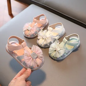 Children Pink Girls Wedding Sandals 2022 Summer New Covered Toes Soft Fashion Kids with Bow Hook & Loop Casual Shoes for Beach