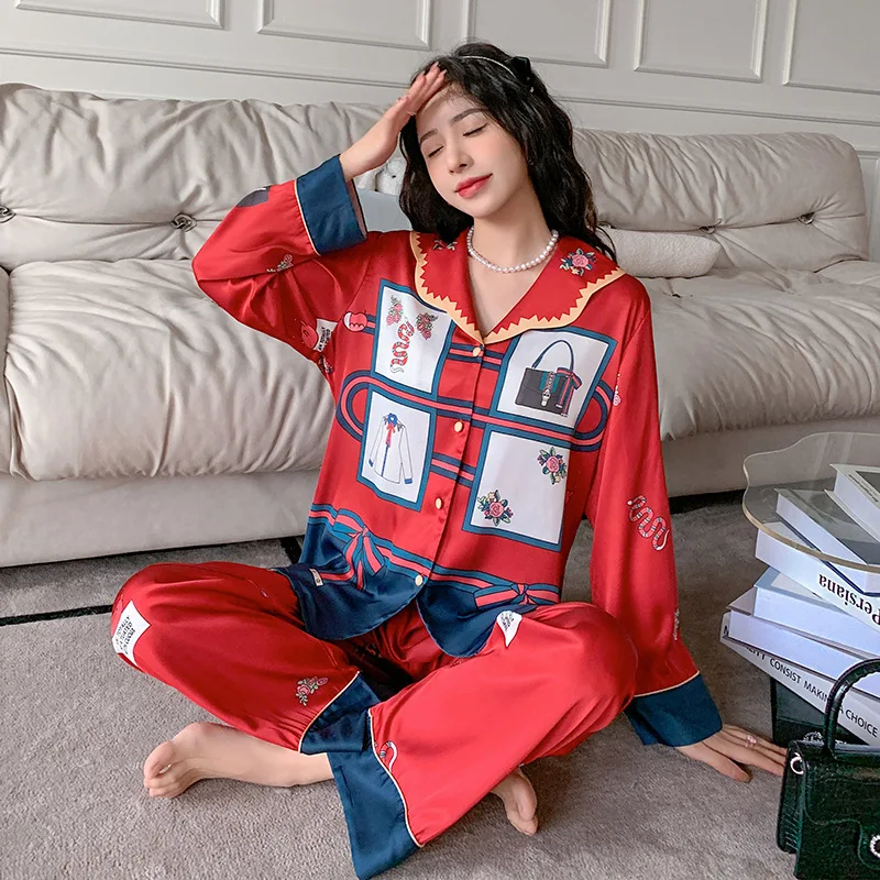 

Jxgarb Spring New Satin Women Two Pieces Pajamas Sets Fashion Femme High Quality Like Silk Printing Lounge Sleepwear Sets