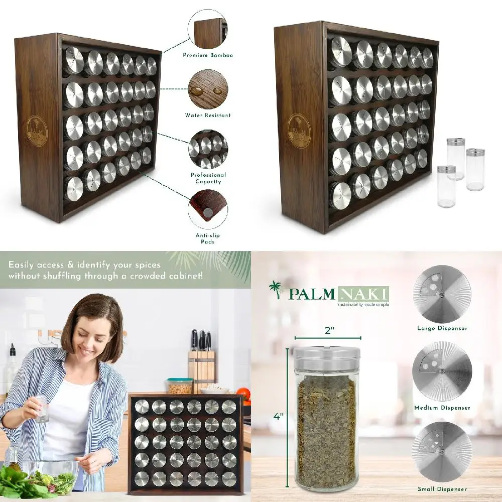 

Spice Rack with 30 Glass Jars - Bamboo Wood Spice Rack Organizer, Spice Rack for Countertops, 16.25