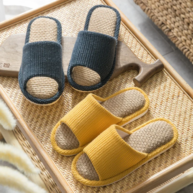 

Women Yellow Linen Slippers Couples Indoor House Non-slip Plush Socks Slippers Ladies Winter Cute Vintage Open Toe Slip on Shoes