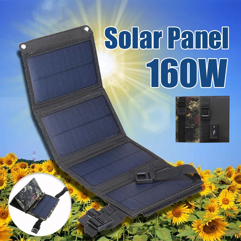 

Outdoor 160W Foldable Solar Panel 5V USB Portable Waterproof Battery Charger Portable Power Bank Phone PC Car RV Boat Camping