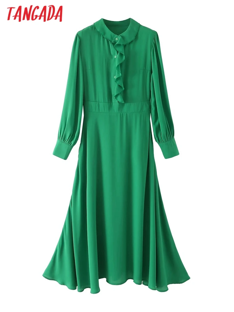 

Платье женское зеленое с оборками и длинным рукавом