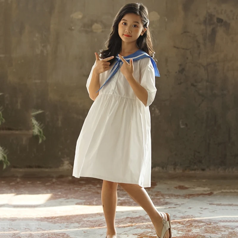 

2022 Summer New Girls Dress Cotton Sailor Collar Teen Casual Dress Patchwork Baby Preppy Clothes Toddler Tuxedo Dress, #8705