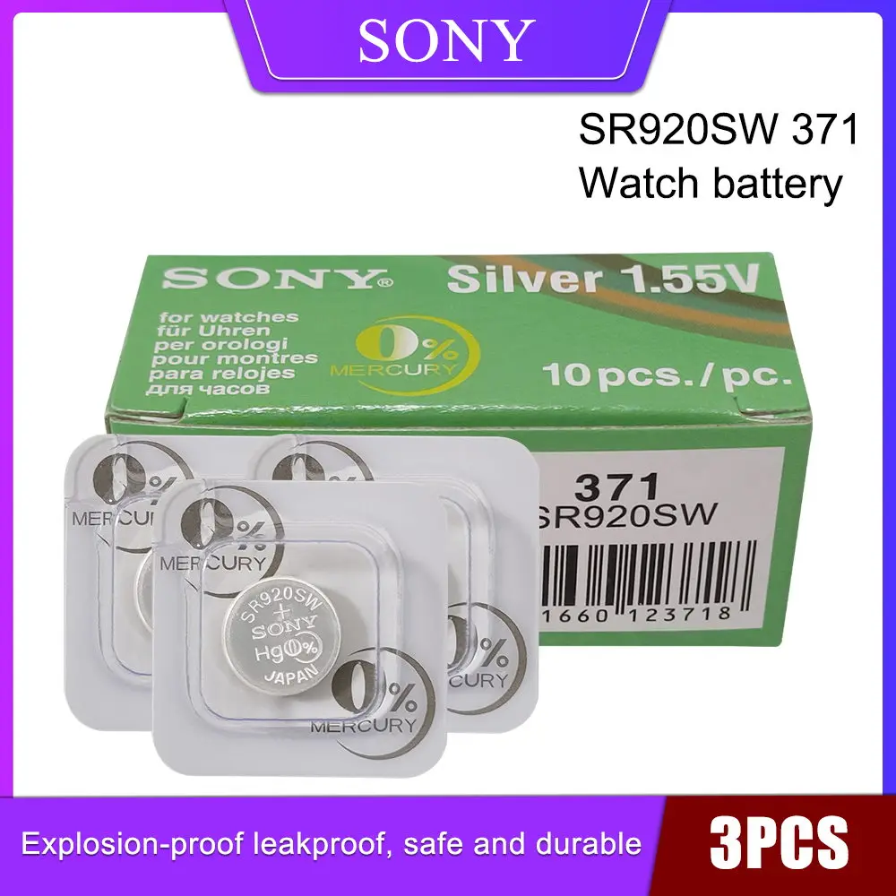 

3 шт. Sony 371 SR920SW AG6 920 LR920 LR69 171 370A 371A 1,55 в, оксид серебра, аккумулятор для часов, однослойная упаковка, Кнопочная монета