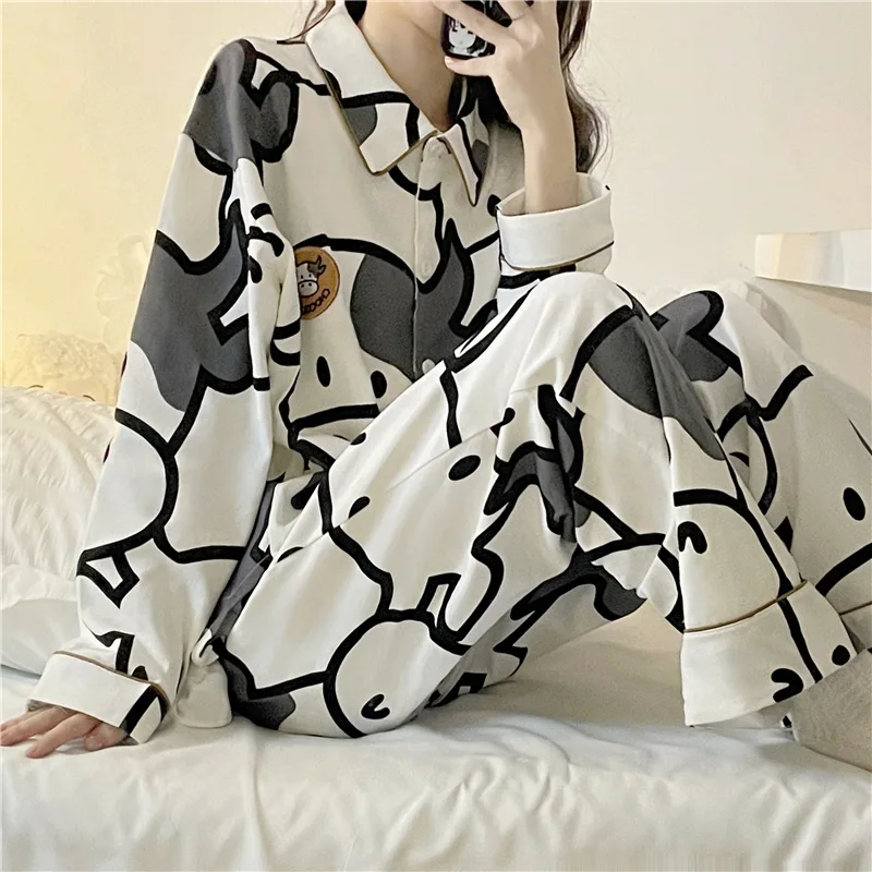 Cow Print Pajamas Two Piece Set Spring Summer Pijamas Women Cotton Cute Home Clothes Pyjamas Sleepwear Japanese Style Kawaii
