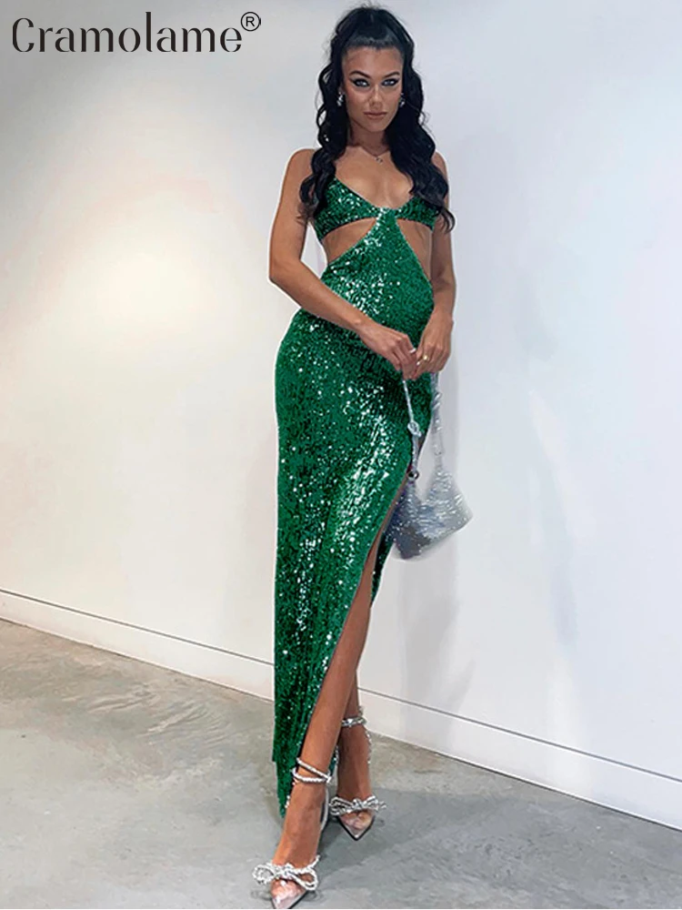 

Women Spaghetti Straps Sequin Glitter Backless Sexy Cut Out Maxi Dress Party Evening Vacation Slip Long Dresses Festival Clothes