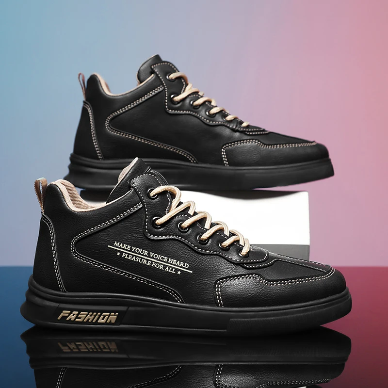 

Мужские кожаные туфли с высоким верхом, повседневные Нескользящие кроссовки на толстой подошве, на шнуровке, удобная зимняя обувь на эласти...