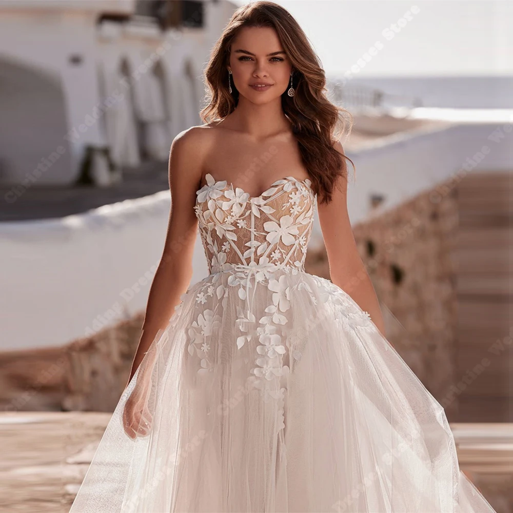 Фото Elegant A-Line Women Wedding Dresses Lace Flower Printing Bridal Gowns Ball Vestidos De Casamenro Linha A Brilhante Customized №3