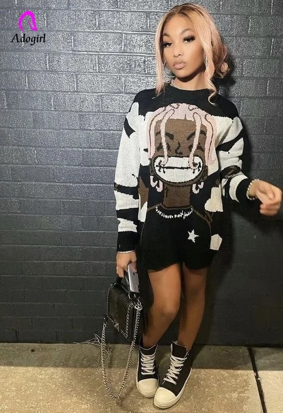 

Harajuku Women Sweater Knitted Cartoon Printed Tops Autumn Winter High Street Activewear Oversize Pullovers Hip Hop Jumper