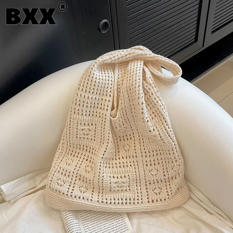 

[BXX] Large Capacity Shopping Bag Women's 2023 New Fashion Simple Underarm Shoulder Hollow Out Woven Bags Female Handbag 8AB963