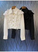 2022 autumn fashion white black blouses women turn down collar cascading ruffle flower deco long sleeve casual button shirts