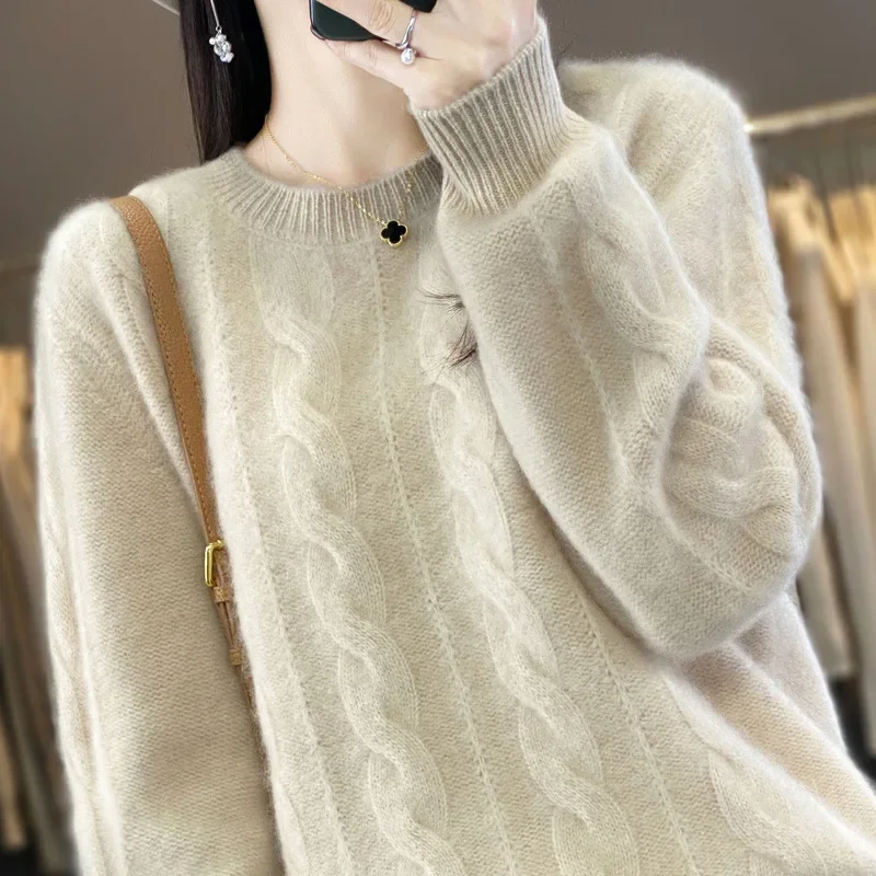 2024 Autumn/Winter New Women's Knitted Top Round Neck Cable Knit Thickened Sweater Loose-Fit Long Sleeve Base Layer