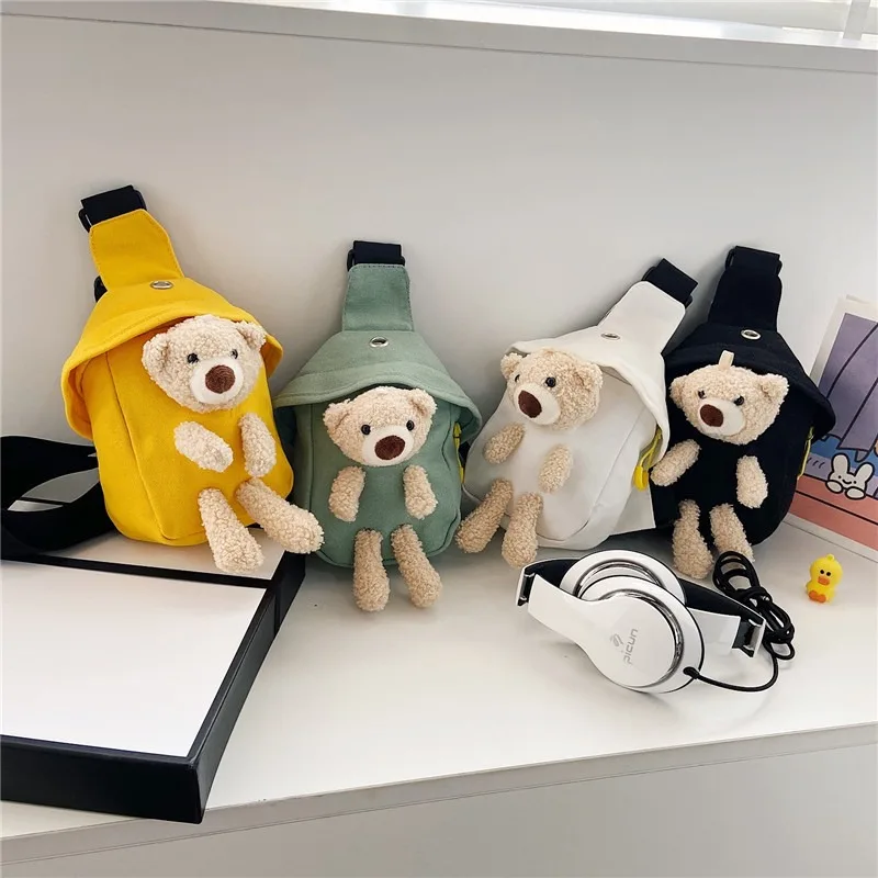 

Children's bags winter new crossbody bag cute bear chest bag Korean version of men and girls mini canvas bag