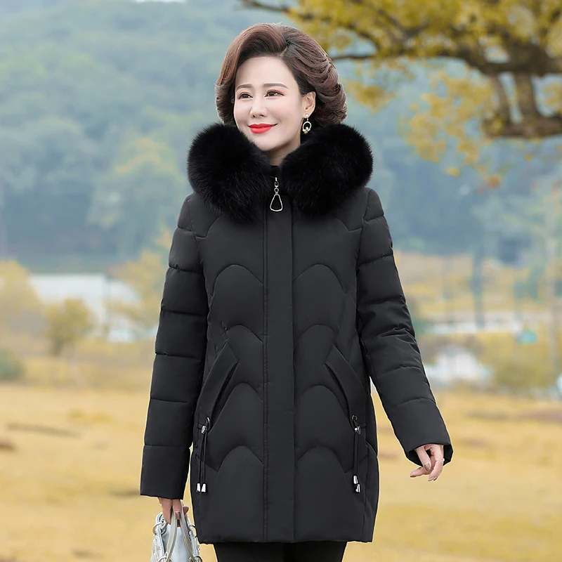 Middle Aged Women Thick Down Padded Cotton Jacket New Fashion Hooded Fur Collar Parkas Women Winter Jacket Coat Outerwear