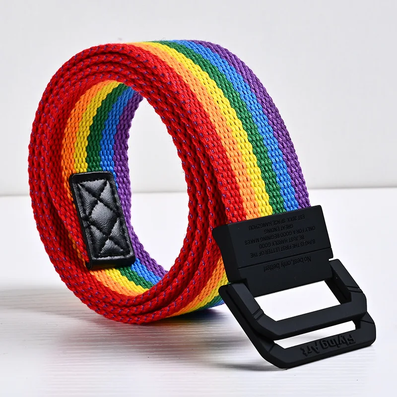 Unisex Canvas Belt Men Stripe Rainbow Metal Double Ring Buckle Jeans Military Student Army Tactical Belt Designer Belt for Women