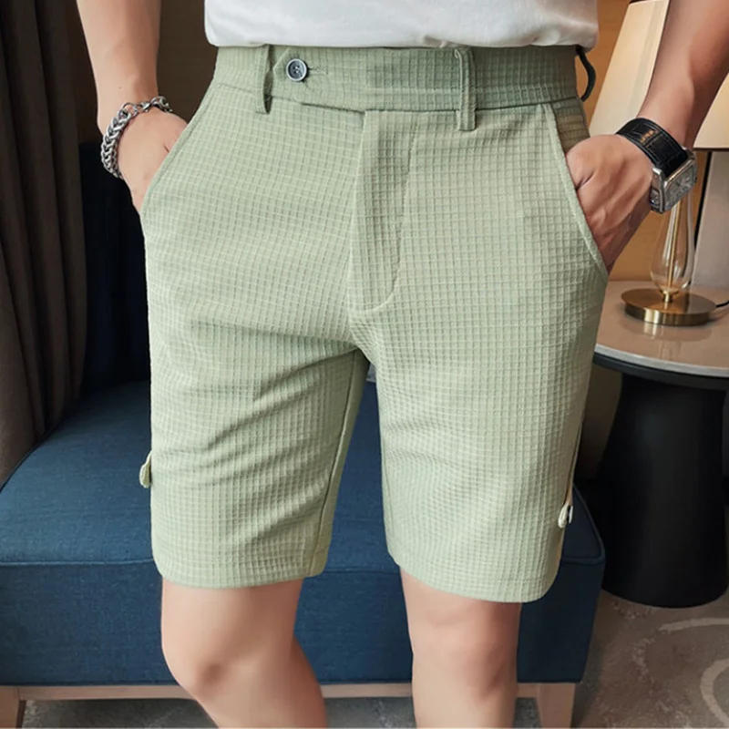 

Men Summer Shorts Korean Fashion Business Casual Chino Office Waffle Breathable Clothing Solid Color 36