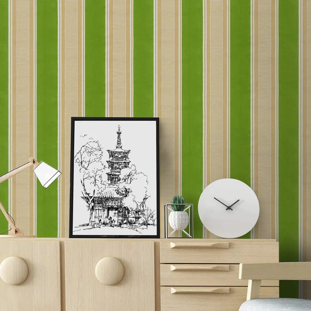 

Self-adhesive Wallpaper Stitching Stripes Peel and Stick Wallpaper Yellow and Green Stripes Room Decoration Waterproof Mural