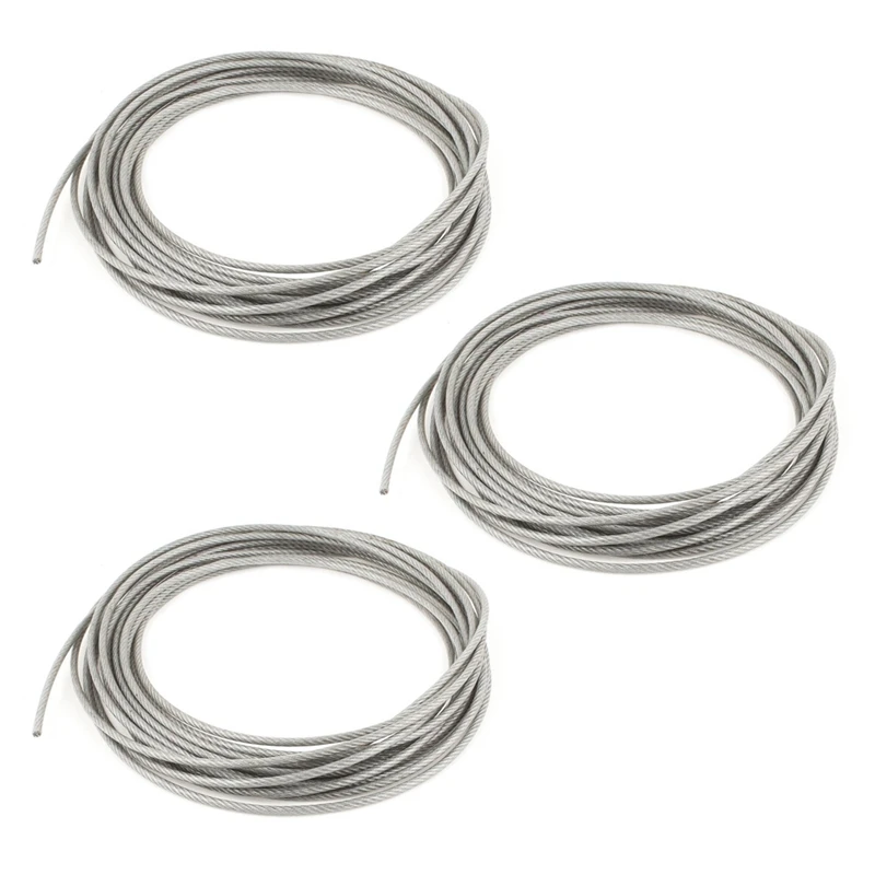 

3X 5Mm Dia Steel PVC Coated, Flexible Wire Rope Cable 10 Meters Transparent + Silver