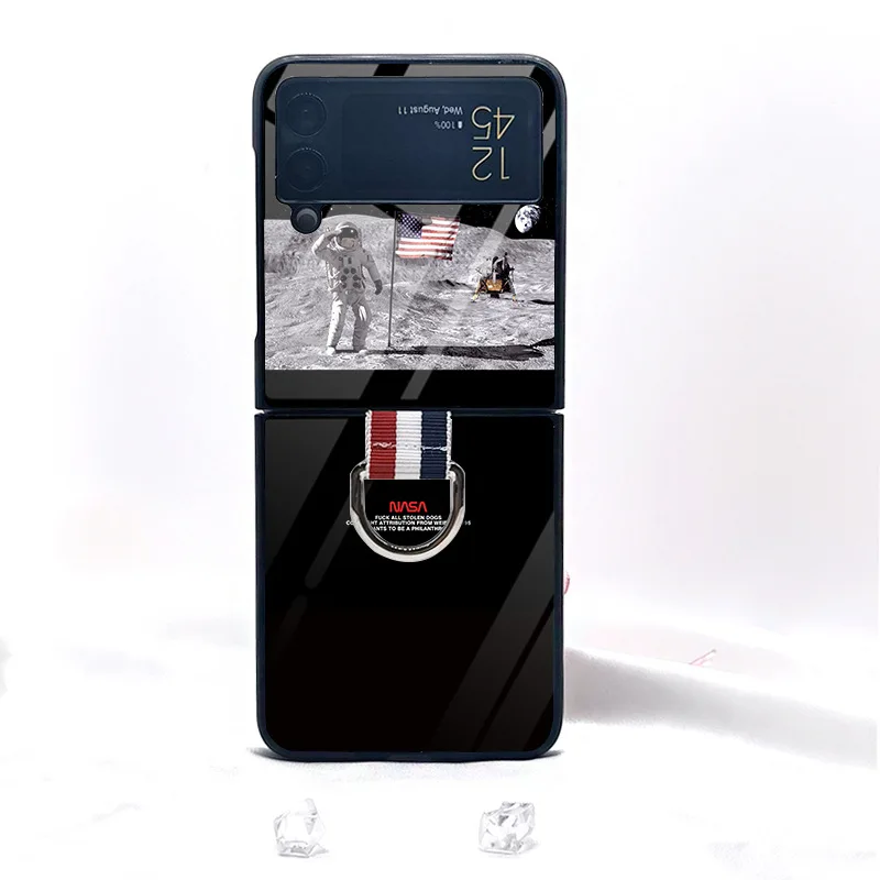 

For Samsung Z Flip 3 5g Glass Back Cover Galaxy F7110 Protective Cover Z Flip 4 Folding Ring Buckle Bracket Case Zflip 3 Shell