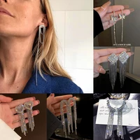 new long crystal tassel drop earrings for women rhinestone shiny hanging dangle earrings wedding party jewelry gift 2022