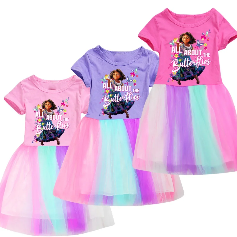 

Summer Girls Clothes Dresses Encanto Style Sleeved Rainbow Colorfull Yam UnicornTutu Dress for 3-10Y Girls Kids Fashion Dress