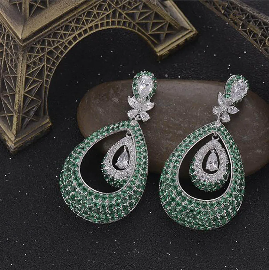 

Circle Zircon Women's Long Pendant Earrings green zircon luxurious exaggerate teardrop vintage jewelry