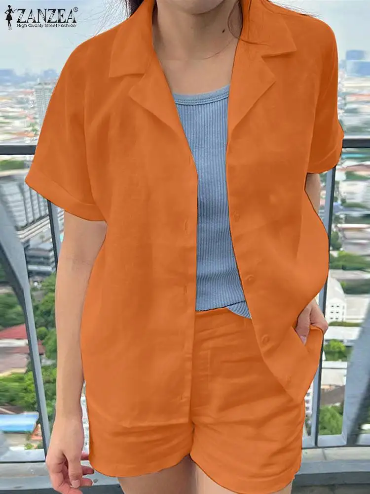 

Женский модный праздничный комплект ZANZEA, рубашка с коротким рукавом и отворотом, шорты, брюки, летний женский элегантный однотонный костюм, спортивные костюмы 2023