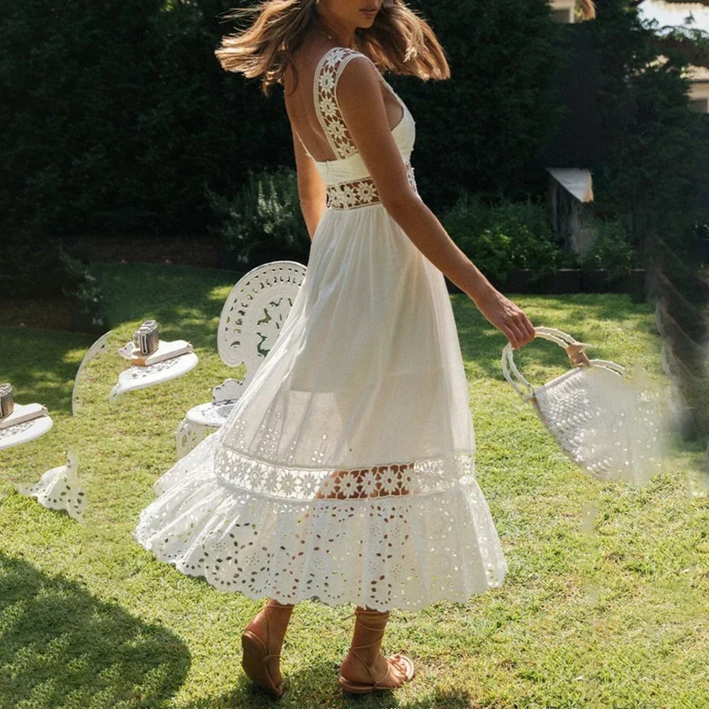 Женское элегантное платье с белыми цветами кружевное богемное длинное