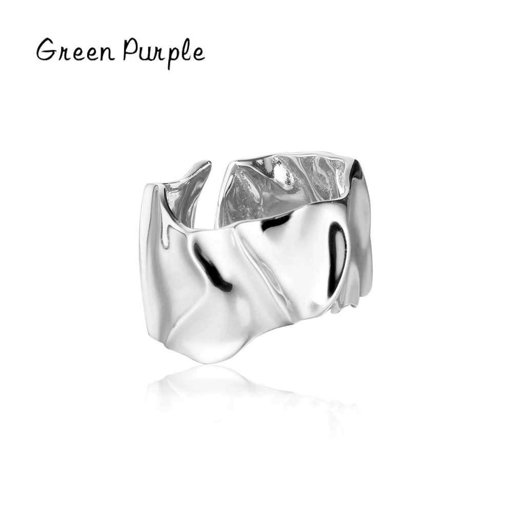 

Green Purple s925 Sterling Silver Irregular Ring for Women Open Size Tin Foil Texture Girl Ring Fine Jewelry Wedding Party Gift